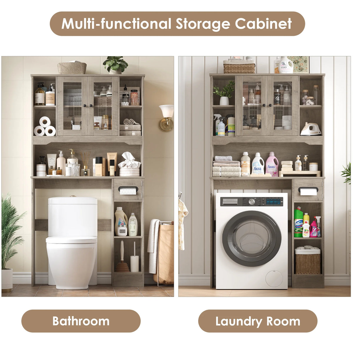 Homfa Over The Toilet Storage Cabinet with Toilet Paper Holder Stand, Above Toilet Organizer with Glass Doors, Behind Toilet Shelf for Restroom, Bathroom, Laundry, White