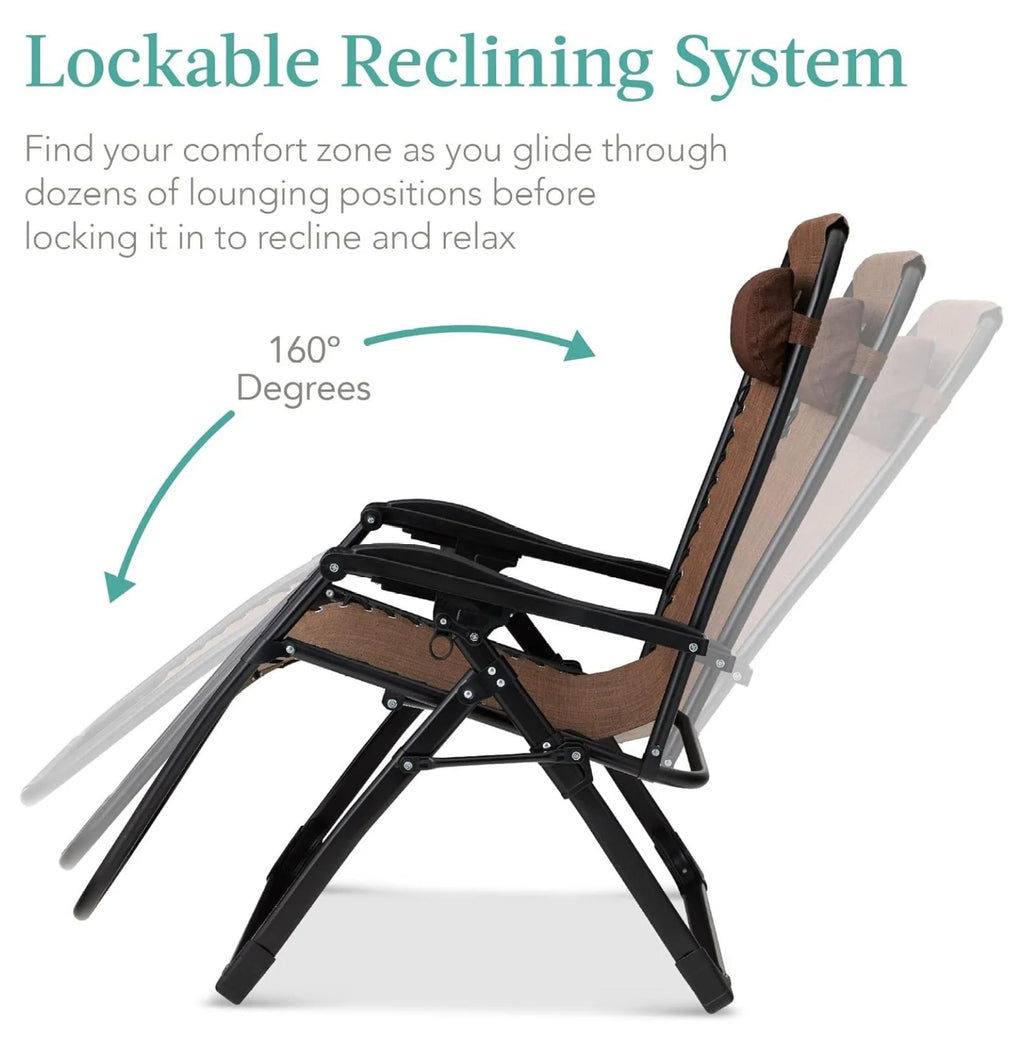 Oversized Chair, Folding Outdoor Patio Recliner, XL Anti Gravity Lounger w/Removable Cushion, Cup Holder, Side Tray, 350lb Capacity - Taupe