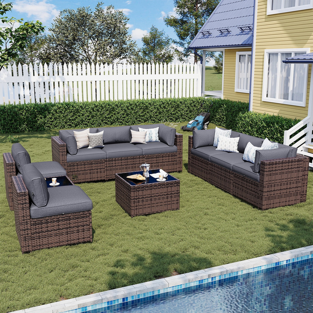 Sunmthink Patio Furniture Sets, 10-Piece Outdoor Patio Furniture with Thick Cushions, Wicker Outdoor Conversation Set and Waterproof Cover for Backyard, Poolside, Garden