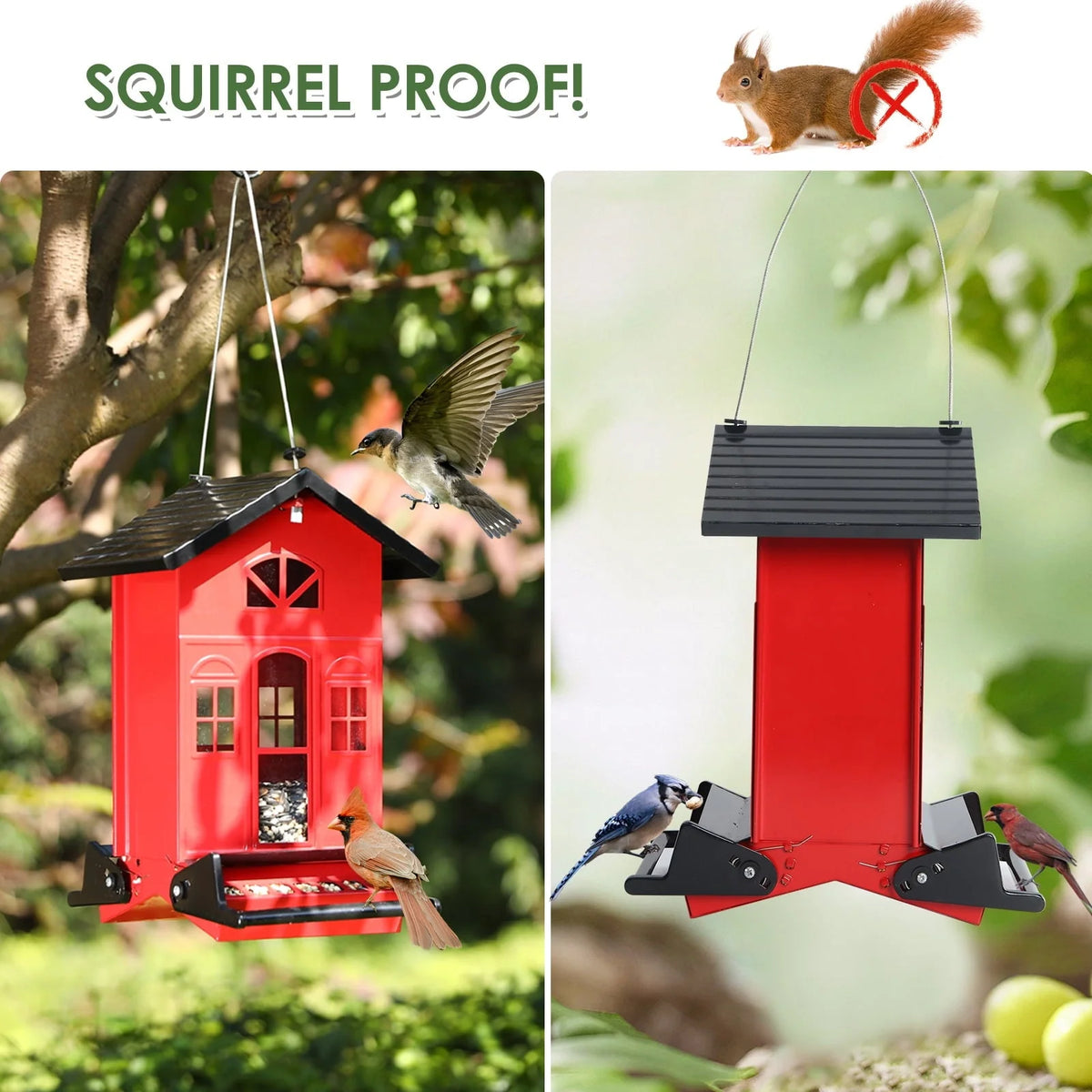 Birdkiss 5lbs Squirrel-Proof Wild Bird Feeder with Bilateral Weight-Activated Perches, 14 Feeding Ports, Outdoor Bird Feeder for Garden Yard Outside, Red