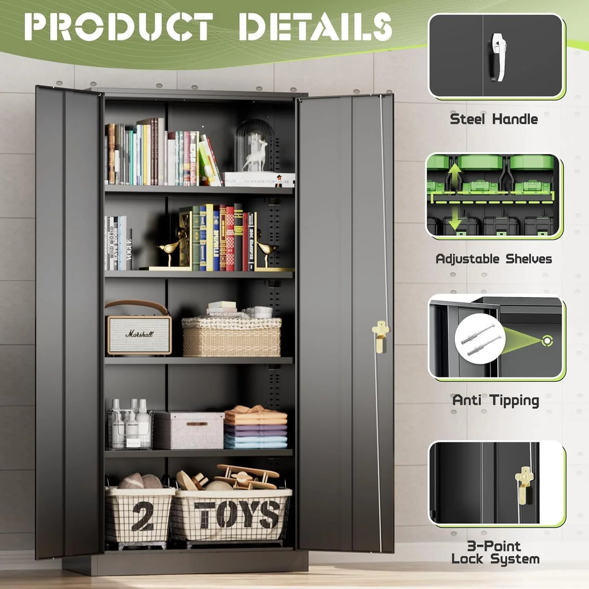 SOLAURA 72 Inches Tall Metal Garage Storage Cabinets, Lockable Storage Cabinet with Doors and Adjustable Shelves for Office, Home, Shops, Garage, Black