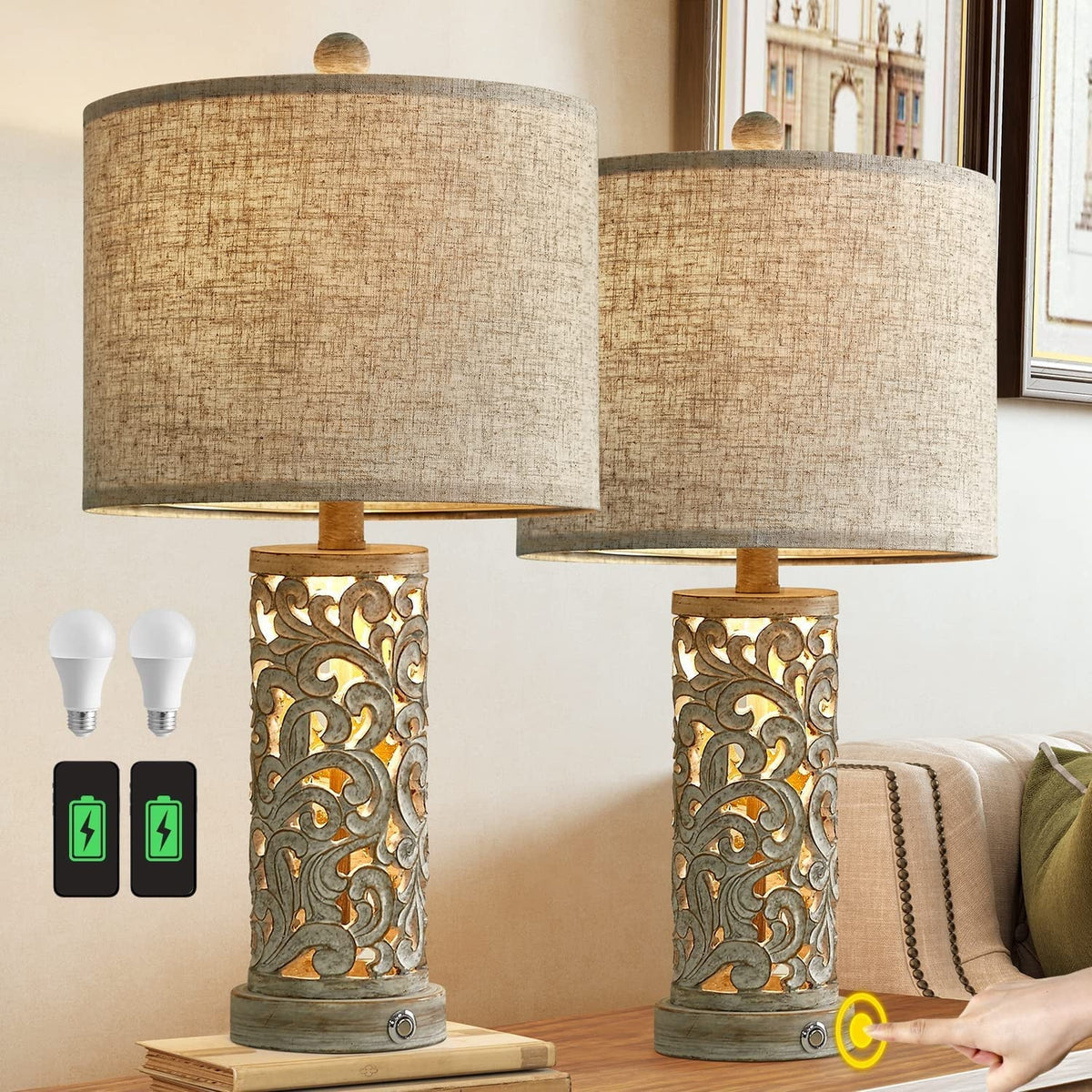 Oneach 3 Way Dimmable Touch Table Lamps for Living Room Bedroom Set of 2 Bedside Lamps with USB Ports 21" Retro Farmhouse Nightstands Lamp Resin(Bulbs)