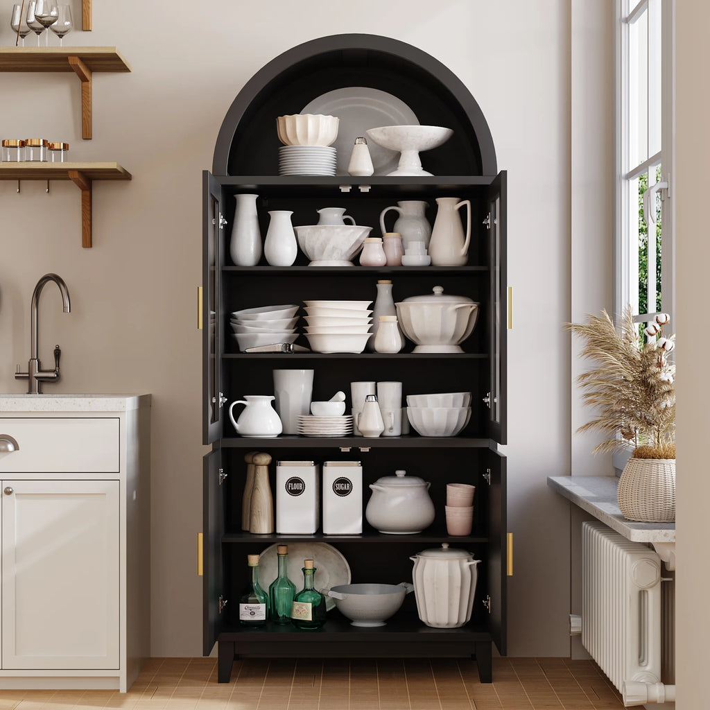 VEANERWOOD 71" Tall Arch Cabinet, Wood Fluted Kitchen Kitchen Storage Cabinet with 4 Doors and 6 Shelves for Dining Room Living Room