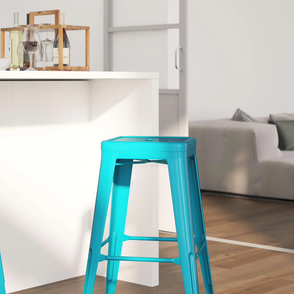 Merrick Lane Crystal Blue 30" High Backless Metal Bar Height Stool with Square Seat for Indoor-Outdoor Use