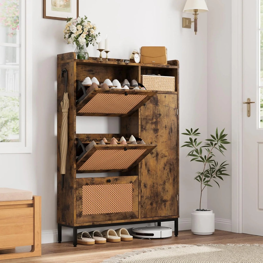 Garvee Rattan Shoe Storage Cabinet with Doors and 3 Flip Drawers, Freestanding Organizer with Adjustable Shelves for Entryway, Narrow Shoe Rack Cabinet for Hallway, Easy Assembly, Oak Color