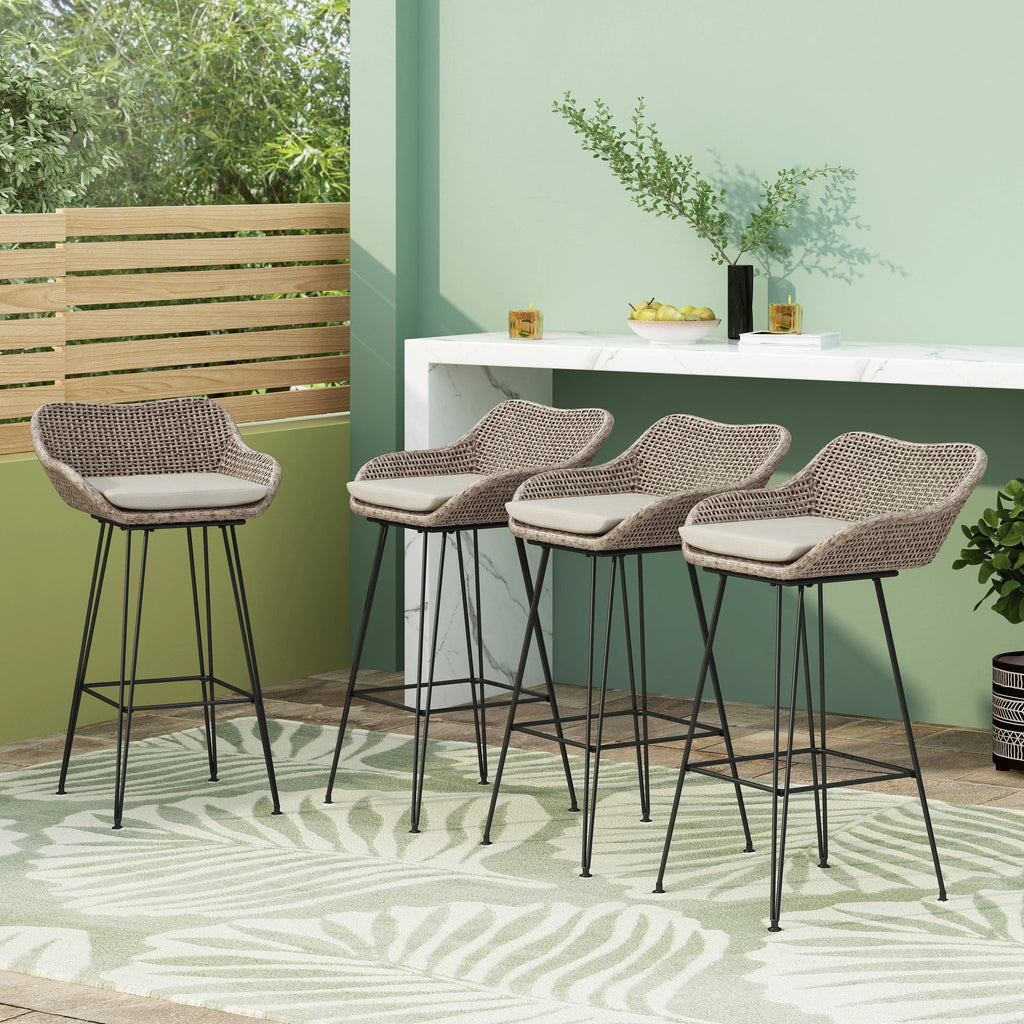Verano Wicker and Metal Outdoor Barstools with Cushion, Set of 4, Mixed Brown and Beige