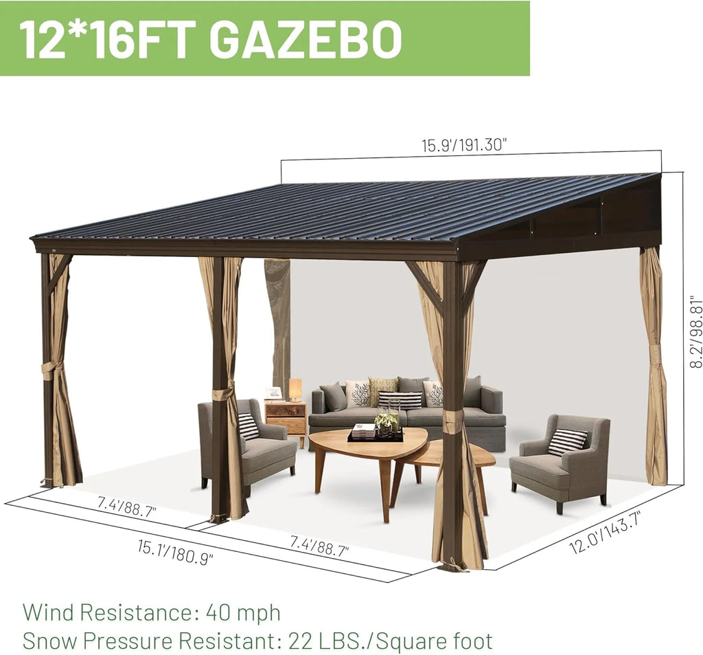 Domi Outdoor Living 10' x 12' Hardtop Lean-to Gazebo, Wall-Mounted with Galvanized Steel Roof Wall Pergola with Aluminum Frame, Curtains and Netting, for Patio, Deck, Garden, Backyard