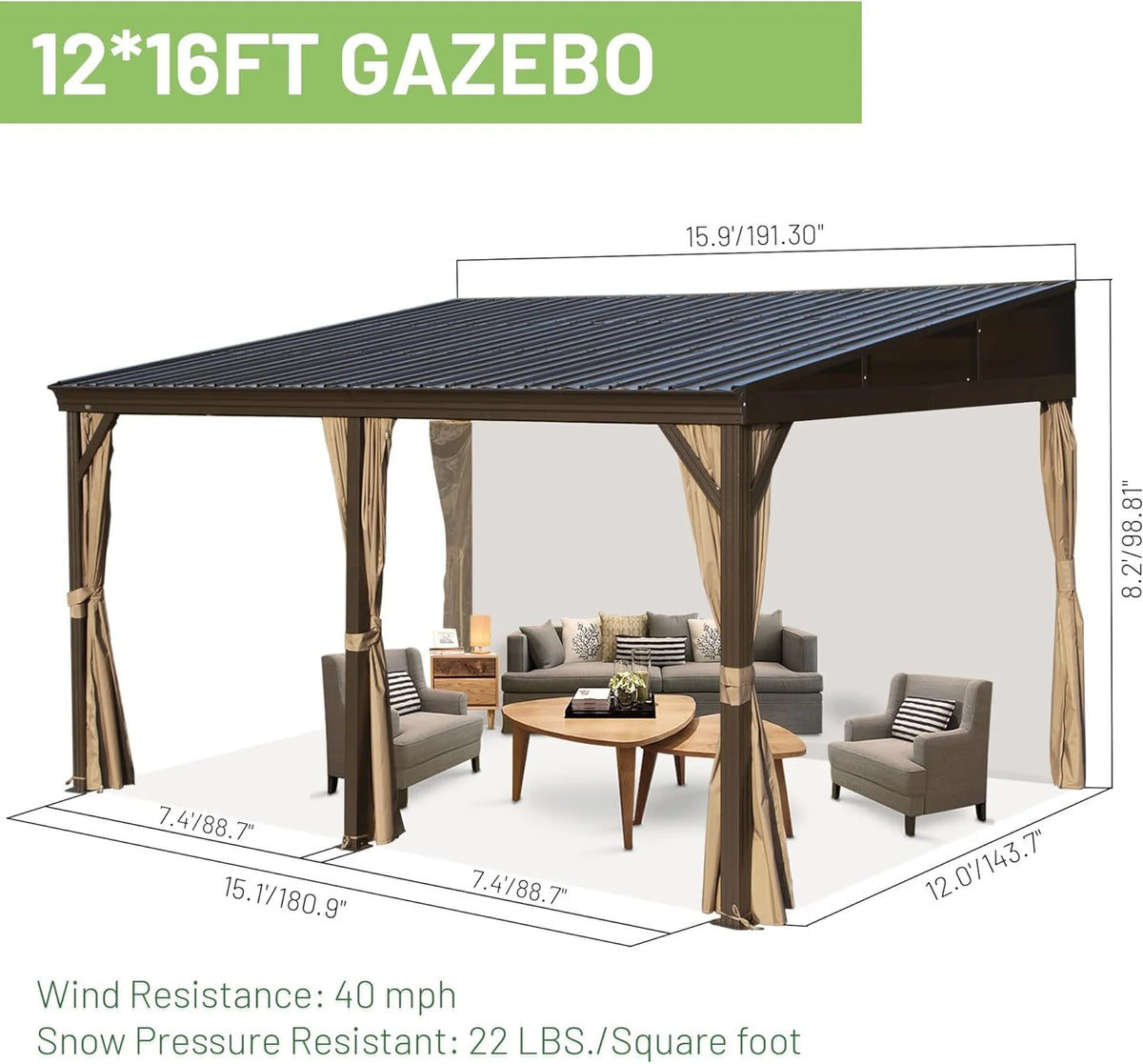 Domi Outdoor Living 10' x 12' Hardtop Lean-to Gazebo, Wall-Mounted with Galvanized Steel Roof Wall Pergola with Aluminum Frame, Curtains and Netting, for Patio, Deck, Garden, Backyard