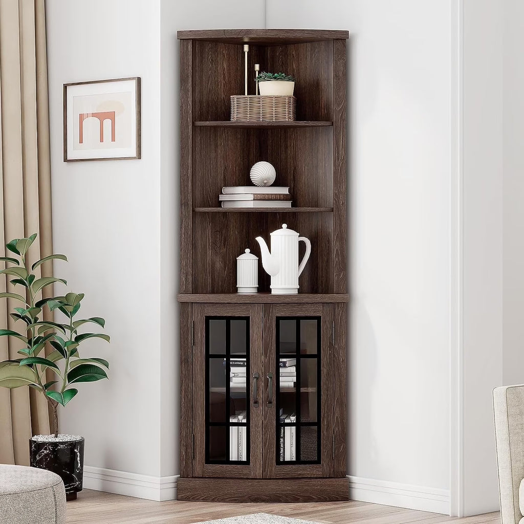 Merluxy Curved Corner Cabinet, 65" Wood Bookcase with 3 Shelves, Distressed White