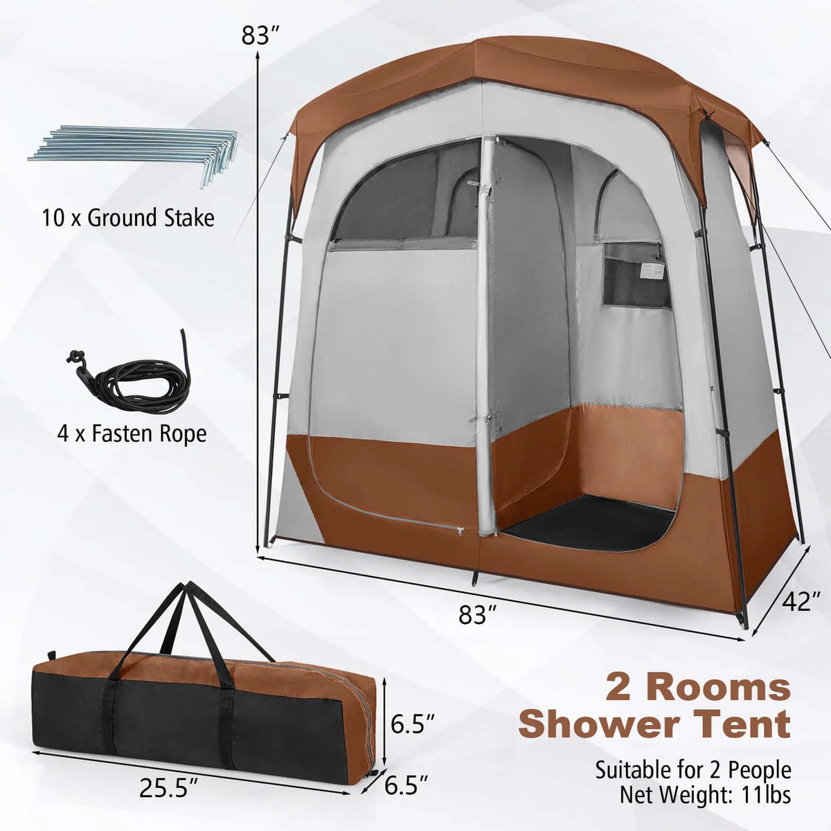 Costway 2 Room Shower Tent Oversize Privacy Shelter Portable Dressing Toilet Outdoor Gray