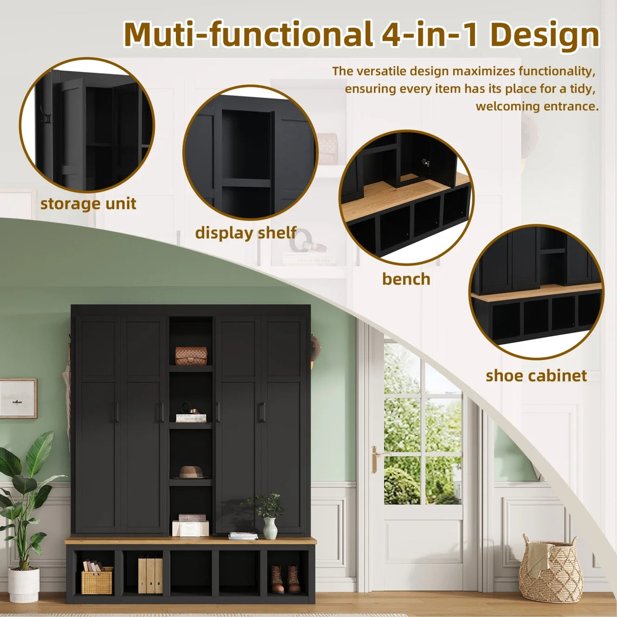63" Farmhouse Hall Tree with Bench and Shoe Storage, 4-in-1 Entryway Bench with 4 Storage Cabinets, 5 Shoe Cabinets and 6 Hanging Hooks, Black