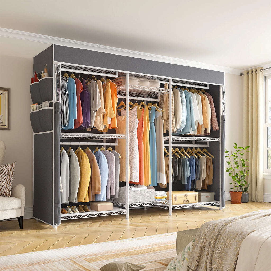Heavy Duty Clothes Rack with Cover Loads 900LBS, Clothing Racks for Hanging Clothes, Freestanding& Adjustable Closet with Cover, Black, 74.9" Wx17.8 Dx76.9 H