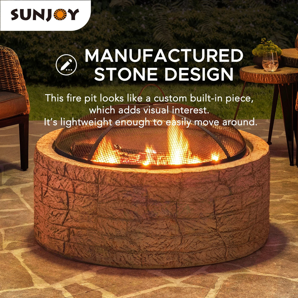 Sunjoy Stone Fire Pit 26 Inch, Outdoor Round Wood Burning Fire Pits with Spark Screen and Poker  Grey