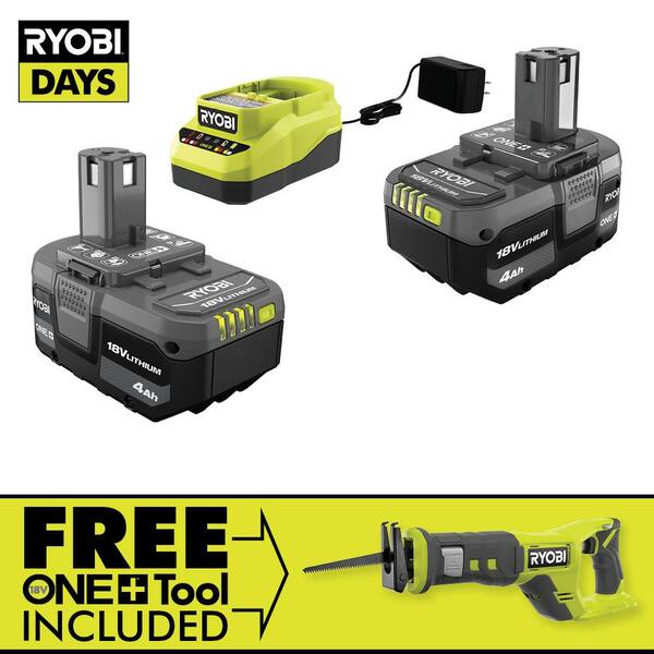 ONE+ 18V Lithium-Ion 4.0 Ah Compact Battery (2-Pack) and Charger Kit with FREE Cordless ONE+ Reciprocating Saw