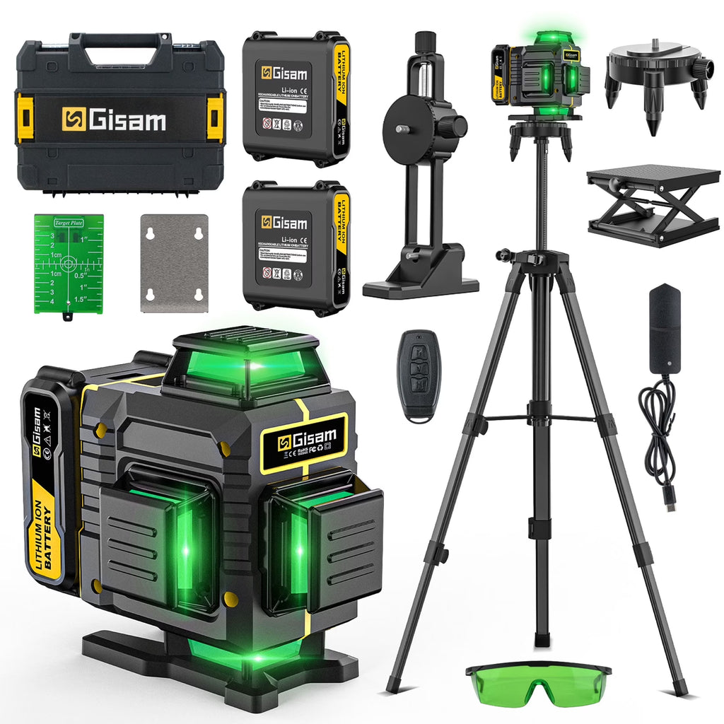 Gisam Laser Level with Tripod , 4x360 Self-Leveling Green Cross Line 4D Laser Tool with Remote Control & 2* 4800mAh Battery