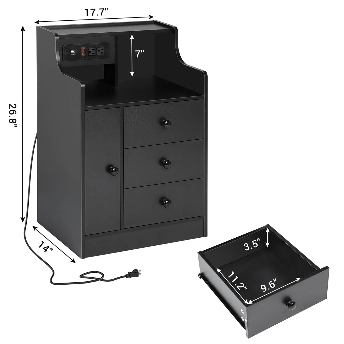 Nightstand with 3 Storage Drawers and Hutch, Black Night Stand with Charging Station End Side Table with 1 Door, Modern Bedside Table for Bedroom