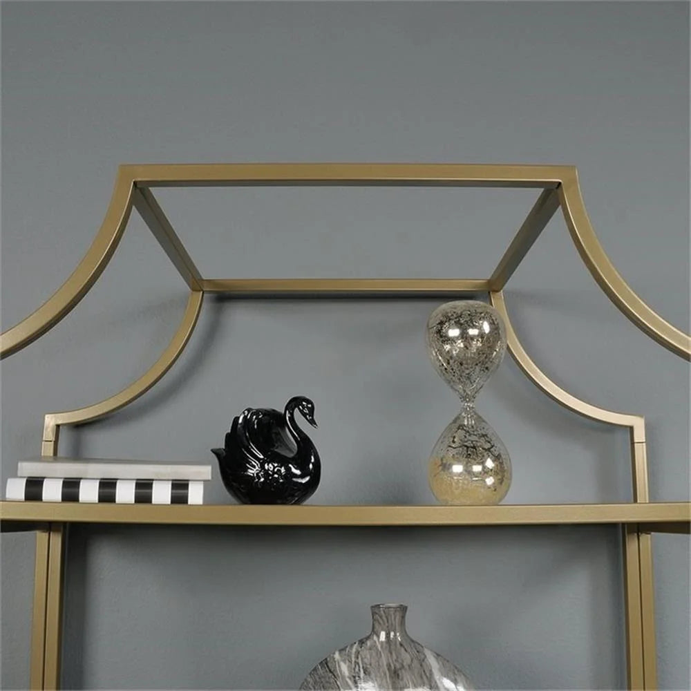 Pemberly Row 5-Shelf Modern Metal Bookcase in Gold Satin/Faux Deco Stone
