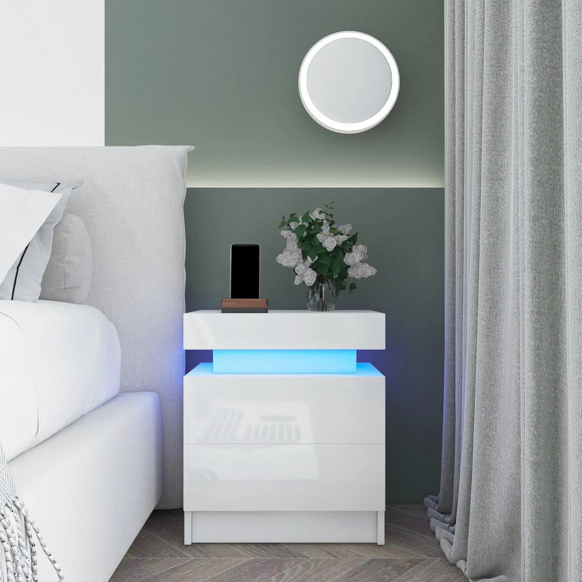 Hommpa 2 Drawer Modern Nightstand with RGB LED Light High Gloss Bedside Tables for Bedroom White