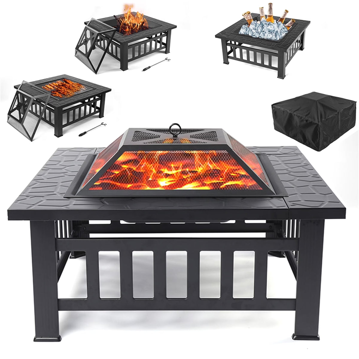 Fire Pits for Outside, UHOMEPRO 32" Square Iron Fire Pit Backyard Patio Garden Stove Wood Burning Fire Pit w/ BBQ Net, Waterprrof Cover, Mesh Screen Lid, Wood Grate, Poker, Durable Fire Pit