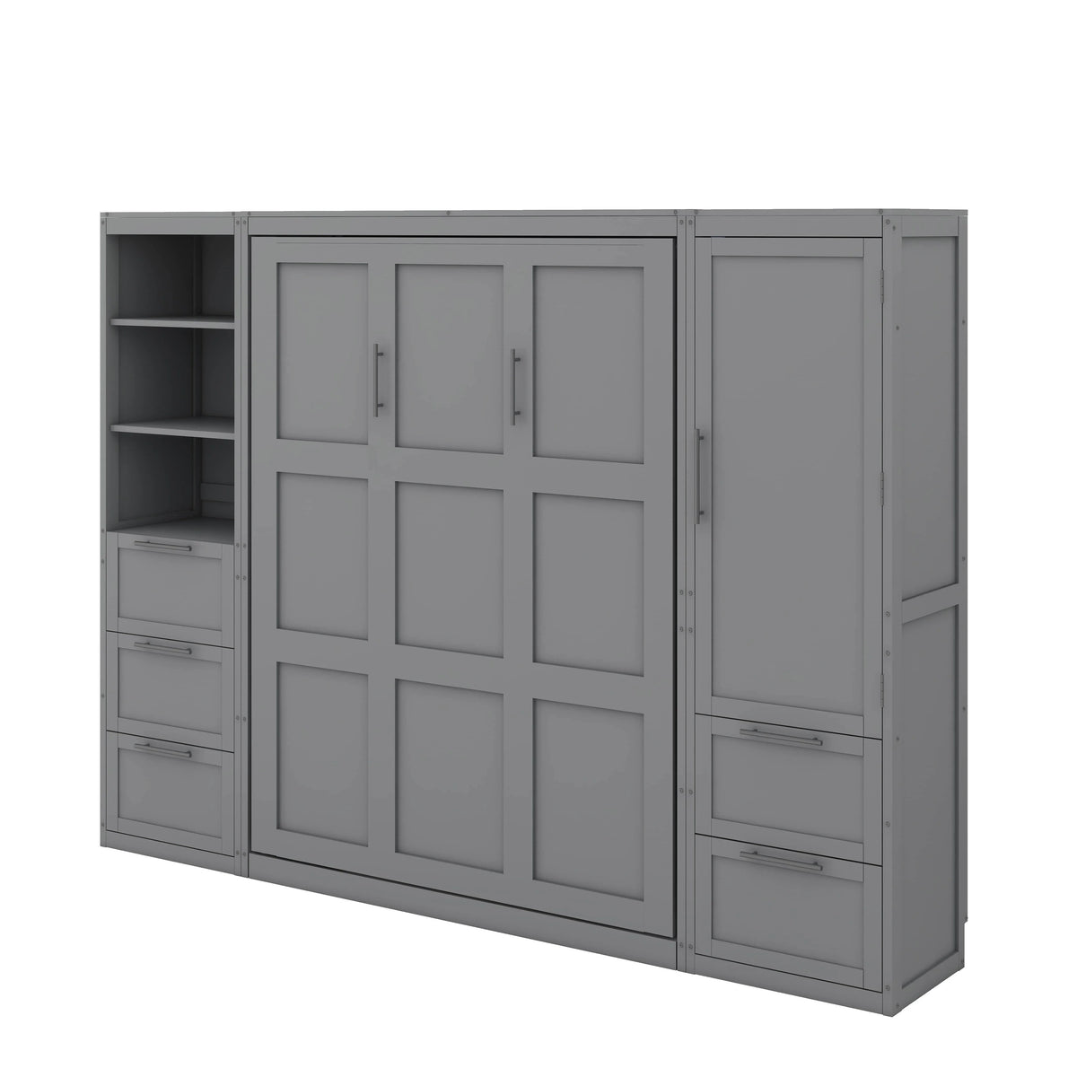 YunNianYang Queen Size Gray Murphy Bed Wall Bed with Closet ,Drawers and Shelves