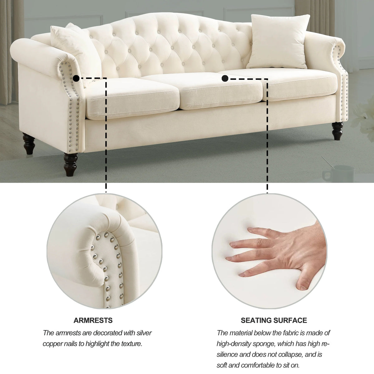 Chesterfield Upholstered Velvet Sofa, 3 Seater Button Tufted Couch with Nailhead Arms for Living Room Bedroom Office Apartment