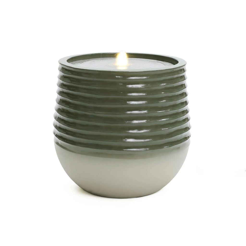 LuxenHome 20" Resin Lighted Garden Bubbling Water Fountain with Emerald Ribbed Top and Ivory Bottom