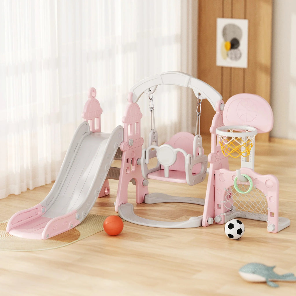 KORIMEFA 6-in-1 Kids Slide and Swing Set - Perfect for Toddlers 1-6 Years - Indoor and Outdoor Playground Slide, Swing, Basketball Hoop, and Climber Toy