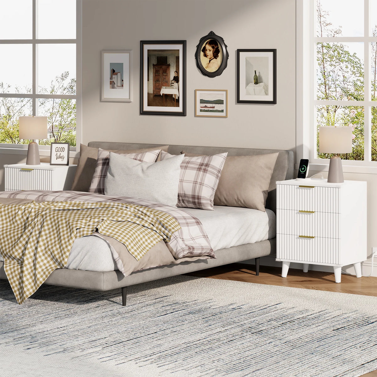 GIKPAL Bedroom Dresser and Nightstand 3 Piece Set - Includes Boho Double 6 Drawer Storage Dresser, Nightstand Set of 2 with Charging Station, Modern Bedroom Set, Natural