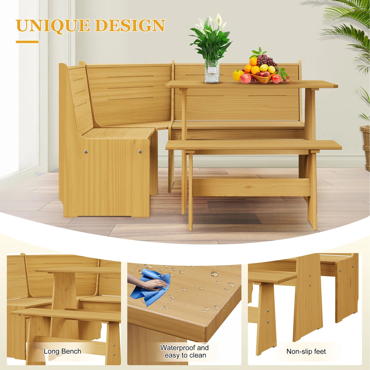 Breakfast Nook Kitchen Corner Dining Table Bench Chair Set, Space-Saving 3-4 Seat L-Shape Farmhouse Mid Century Modern Style for Family Home Black Wood