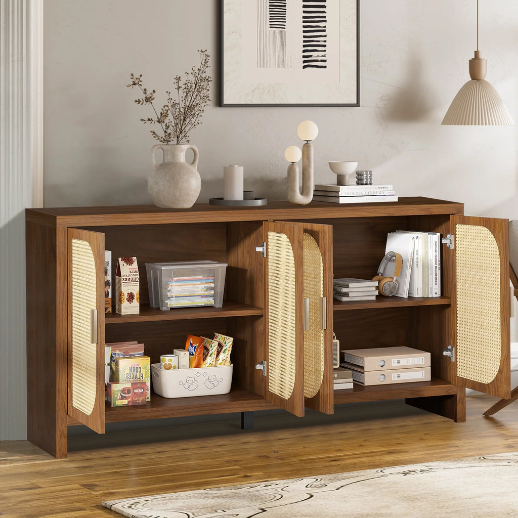 Modern Rattan Sideboard Buffet Cabinet, Kitchen Storage Cabinet, Living Room TV Stand for TVs up to 65", Entertainment Center with Adjustable Shelf, for Dining Living Room Hallway, White