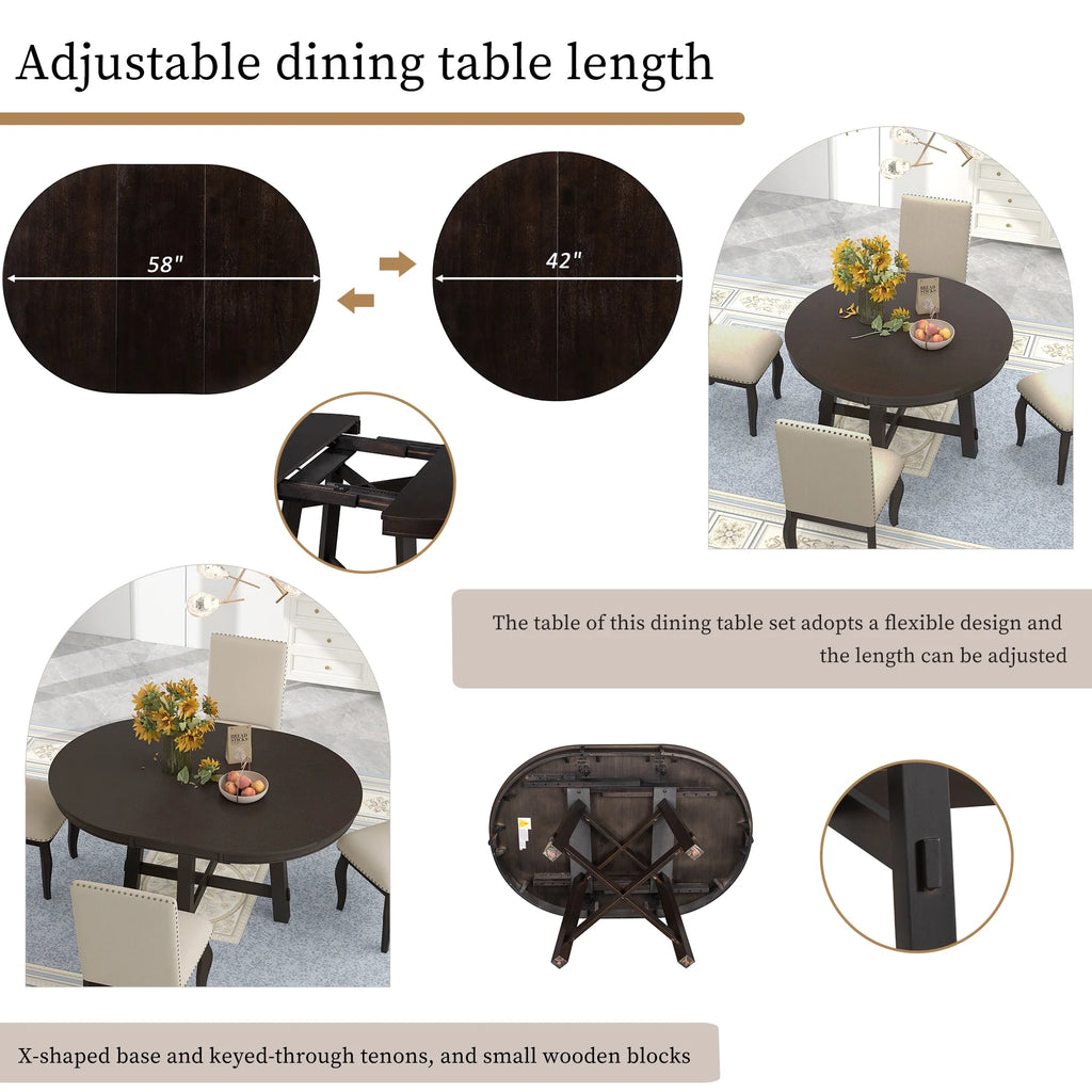 Sumdeal 5-Piece Farmhouse Dining Table Set, Wood Round Extendable Dining Table and 4 Upholstered Dining Chairs (Espresso-1Table 4 Chairs)