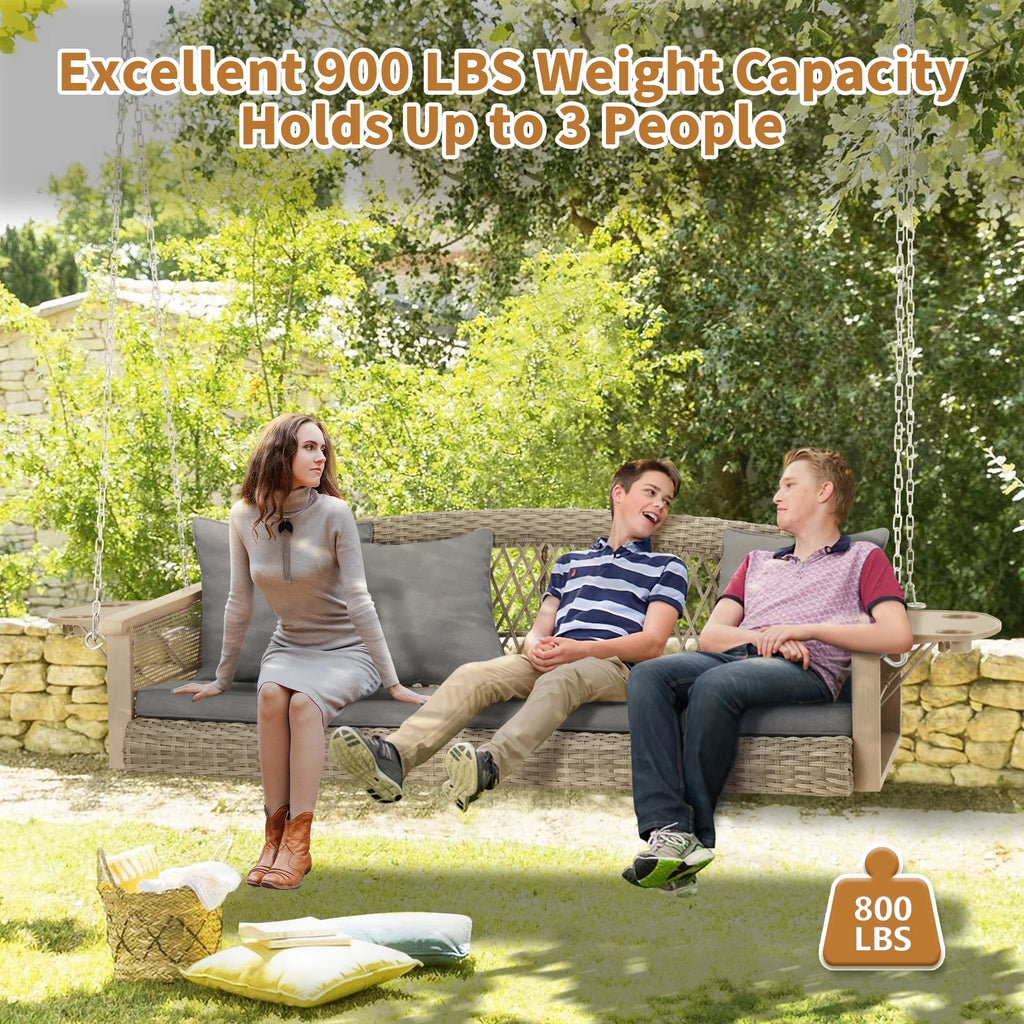 Homrest 3-Person Porch Swing 55in Wicker Hanging Swing Bench with Cushions and Cupholders for Deck, Garden and Backyard, Beige
