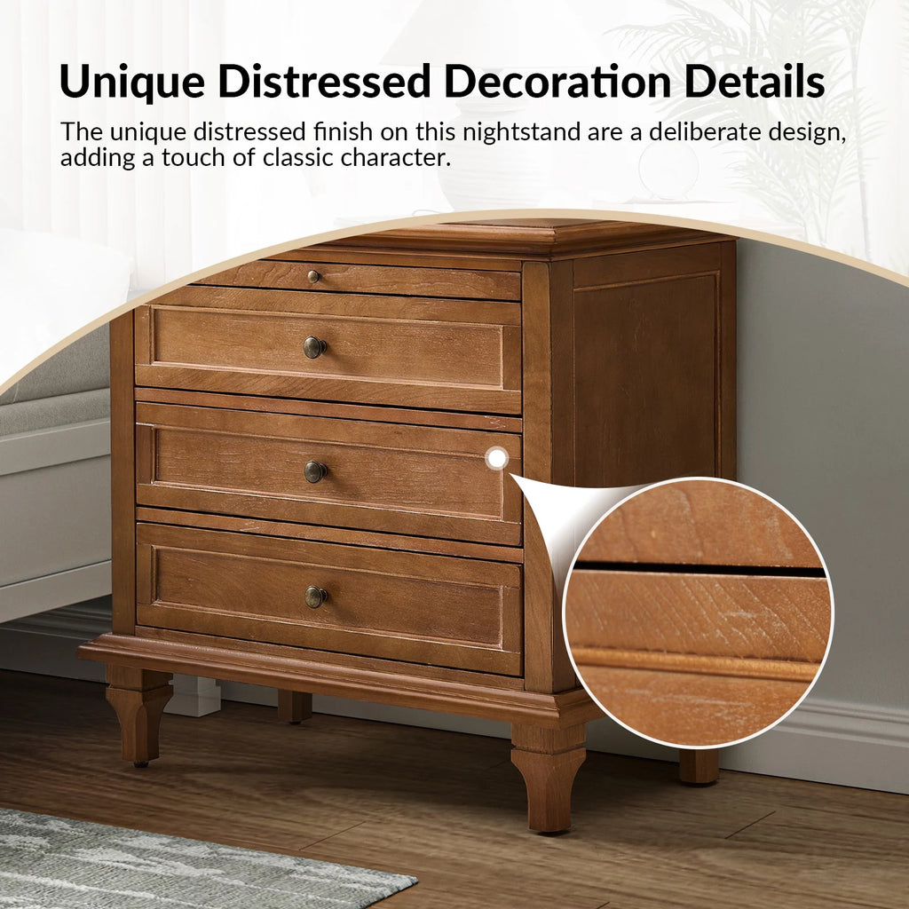 Farmhouse 3 Drawers Nightstand with Tray Bedside Table with Charging Station Acorn