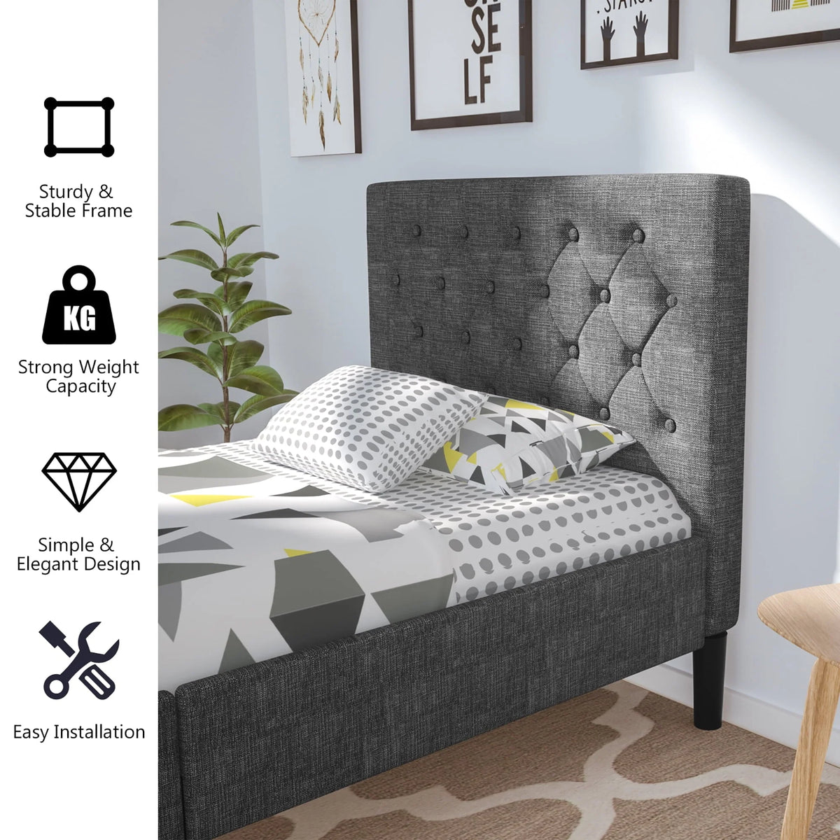 Costway Twin Upholstered Bed Frame Diamond Stitched Headboard Wood Slat Support