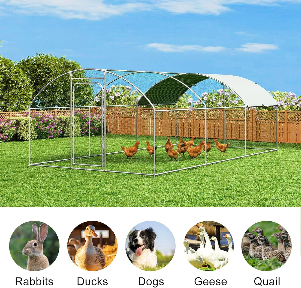 Large Metal Chicken Coop Walk-in Poultry Cage with Waterproof and UV-Resistant Cover Outdoor Chicken Run Hen Rabbit Duck House for Backyard Farm Use Spire Roof(10 W x 4.9 L x 6.4 H)
