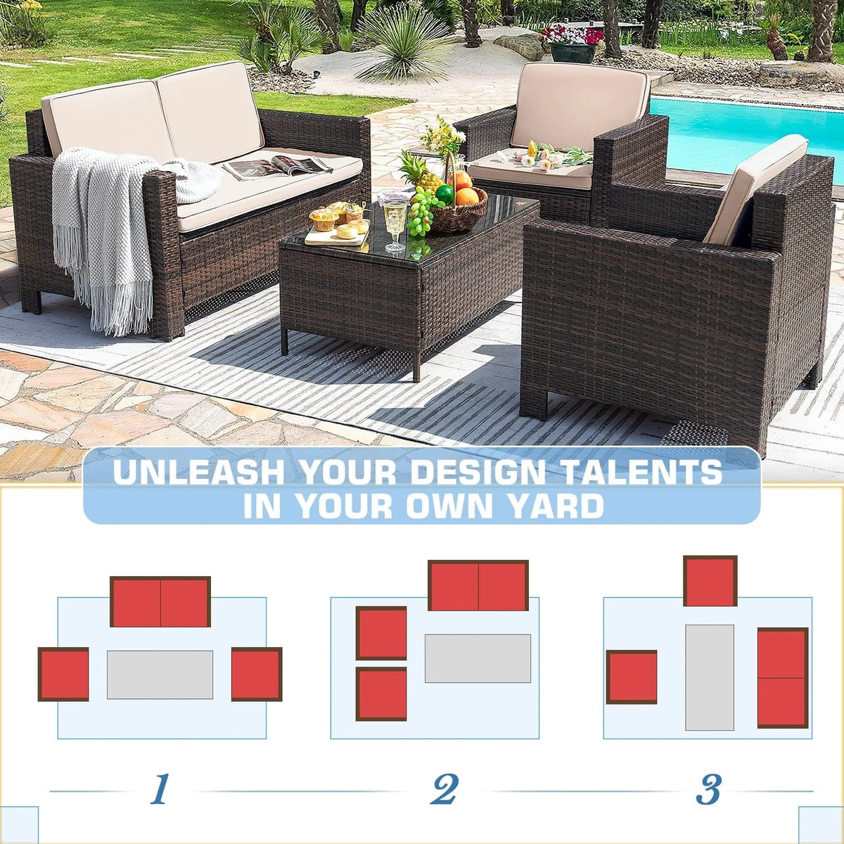 Lacoo 4 Pieces Patio Furniture Sets Rattan Chair Wicker Conversation Sofa Set Outdoor Backyard Porch Garden Poolside Balcony Use Furniture, Beige