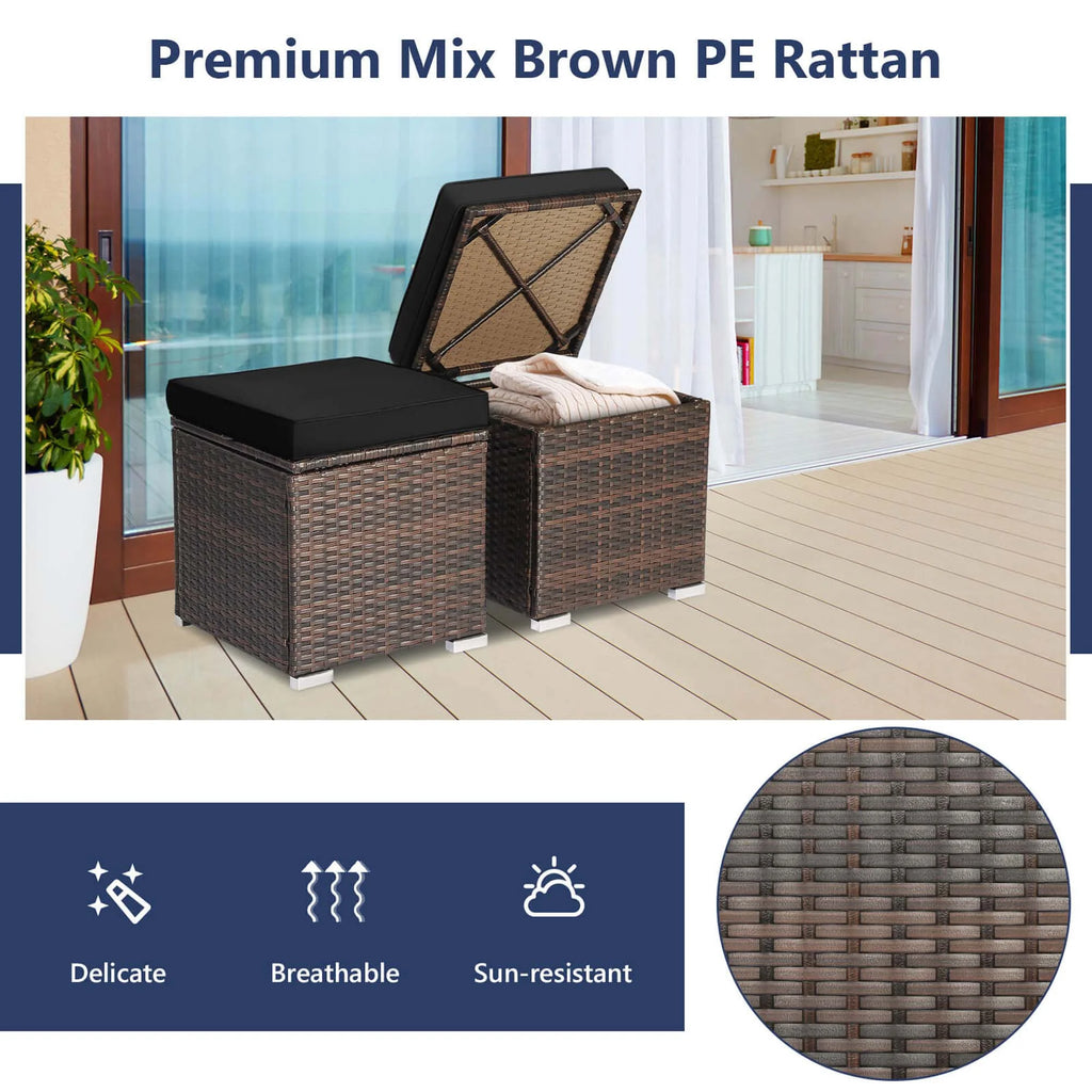 Costway 2PC Patio Rattan Ottoman Seat Side Table Storage Box Footrest Off White
