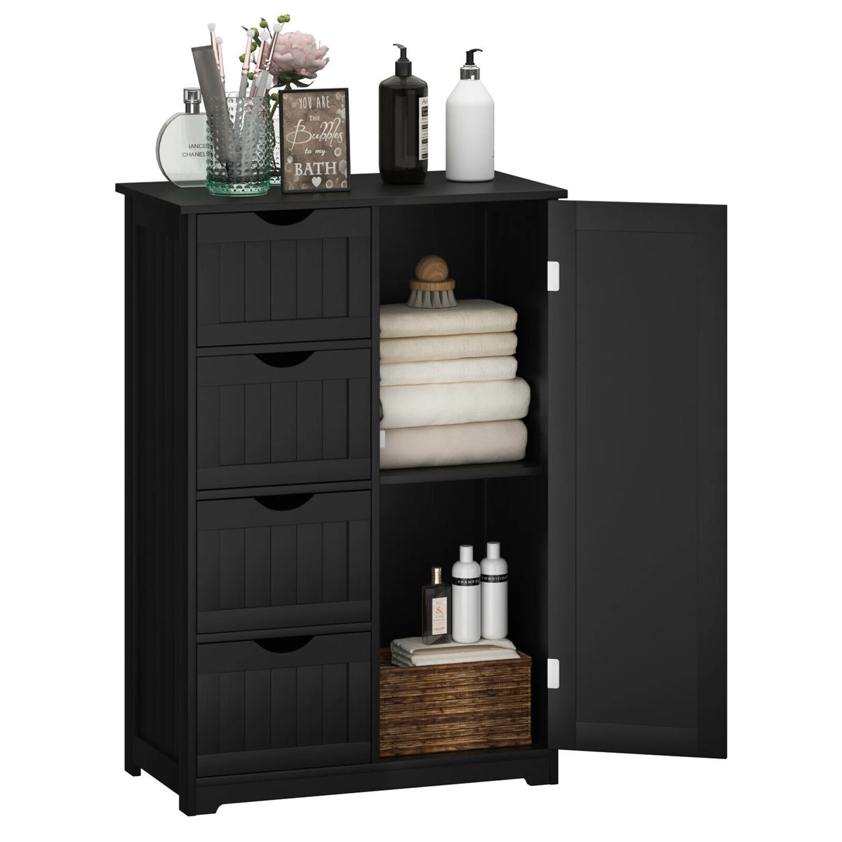 Gymax Bathroom Floor Cabinet Storage Organizer Cupboard w/ 4 Drawers Adjustable Shelf Grey