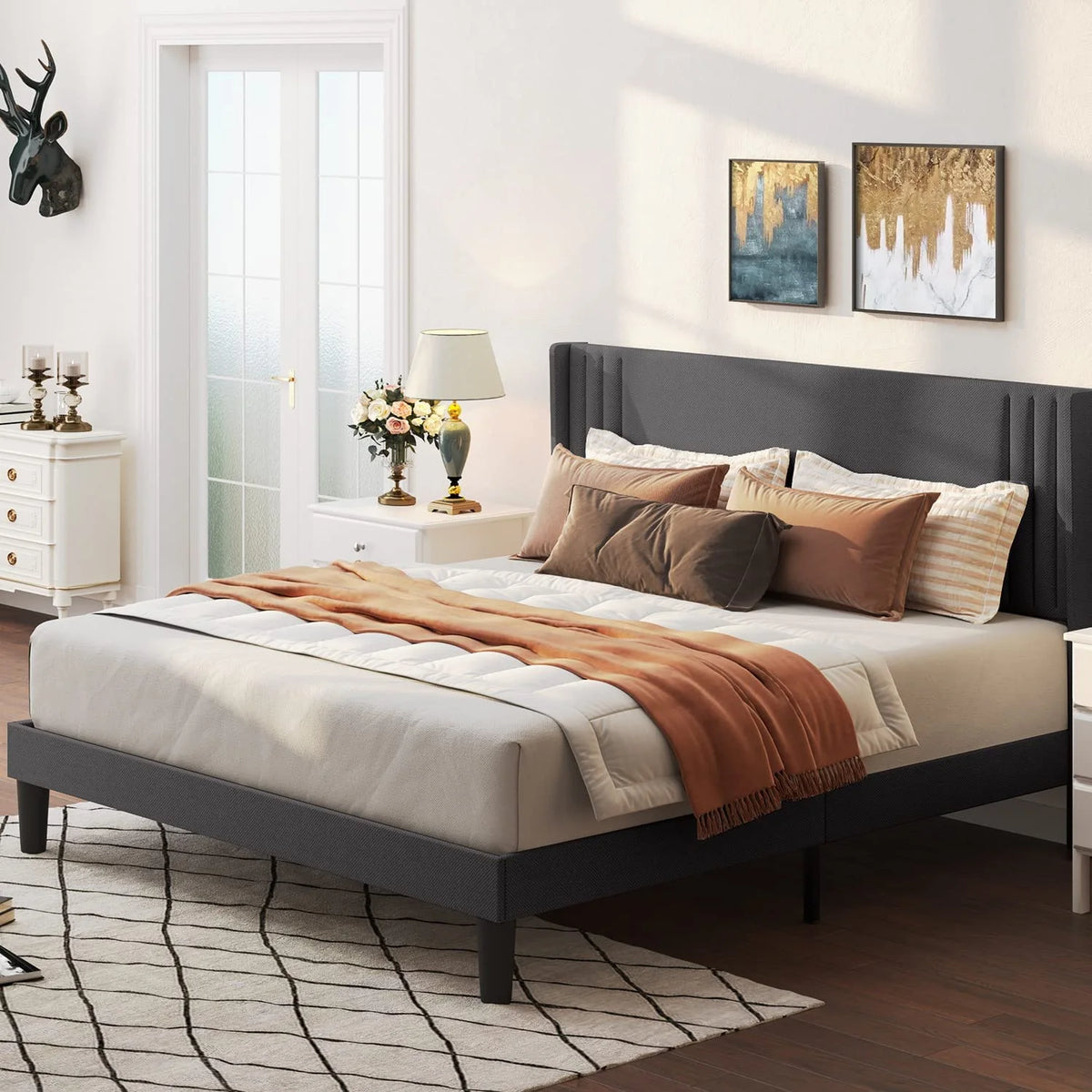 Full Size Bed Frame, Bed Frame with Wingback Headboard Hold 850 lbs, Dark Gray