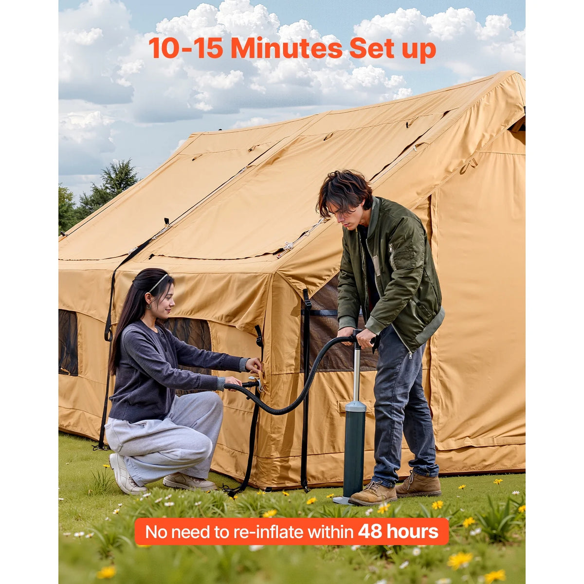 KFFKFF Inflatable Tent for Camping, 15.75 x 11.81 x 7.22 Ft Glamping Blow up Tent for 8-12 People, Air-Filled Camping Shelters, Outdoor Living Tent with Dual Sunroofs, Stove Jack