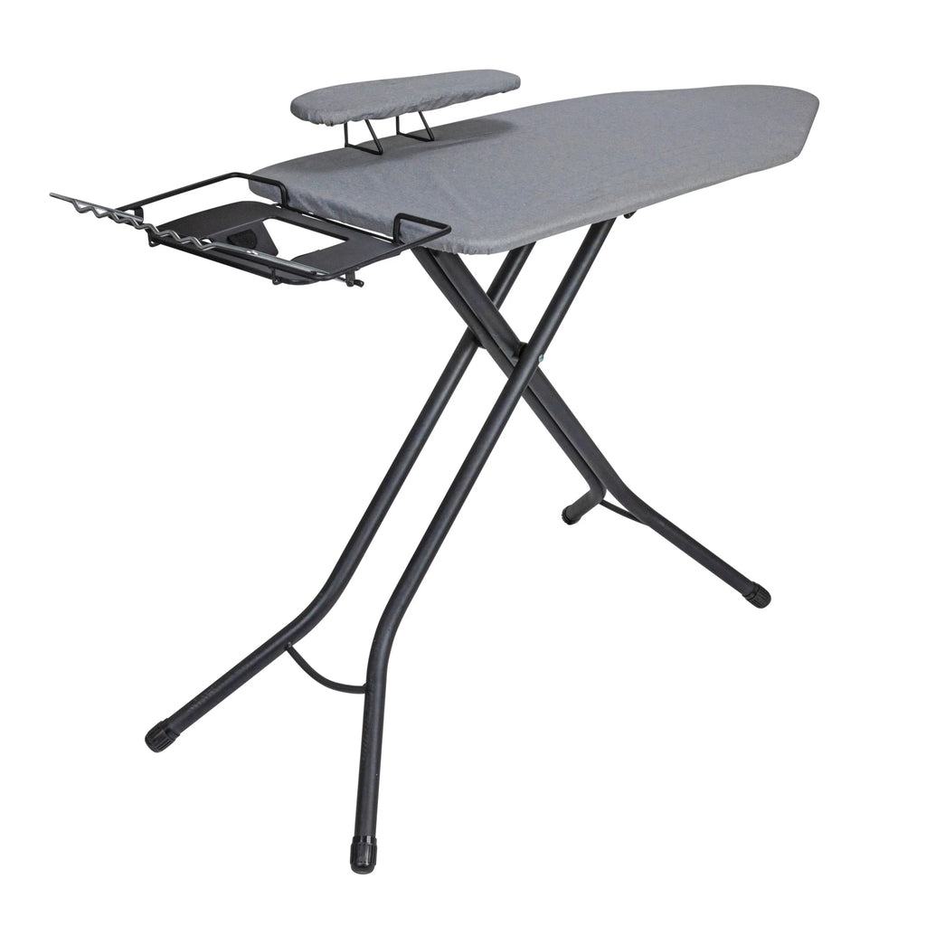 Household Essentials Wide Mega Ironing Board 4-Leg, Steel Top Pressing Station, Heat-Resistant Fiber Pad and Cotton Cover, Includes Sleeve Board and Iron Rest with Hanger Bar, Silver Frame