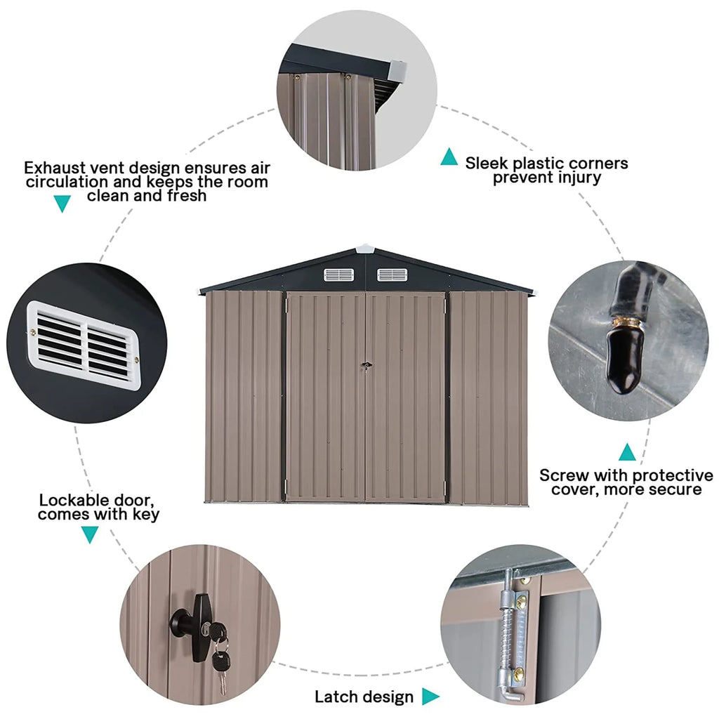 JOIVI 8'x6' Outdoor Storage Shed, Galvanized Metal Tool Storage Shed, Weather Resistant Garden Shed W/Lock for Backyard Patio Lawn, Brown
