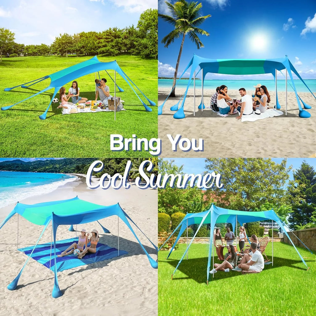 Rhino Valley Beach Tent Sun Shelter, Beach Canopy Tent Sun Shade U PF 50+ Protection with 8 Sandbags 4 Stability Poles, Outdoor Beach Shade Canopy for Beach, Camping, Fishing