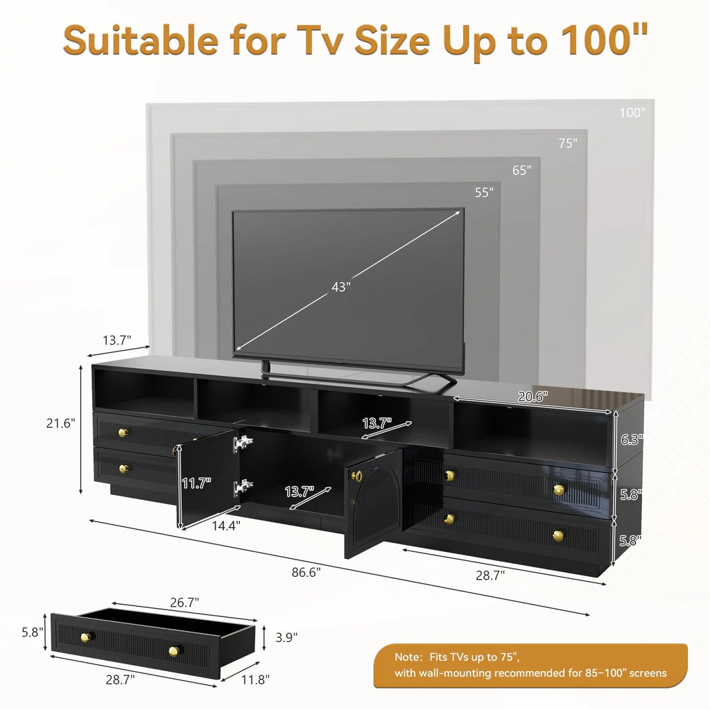 Planntonneo Mid-Century Modern Fluted TV Stand Wooden Media Console Entertainment Center for Living Room, Walnut Color