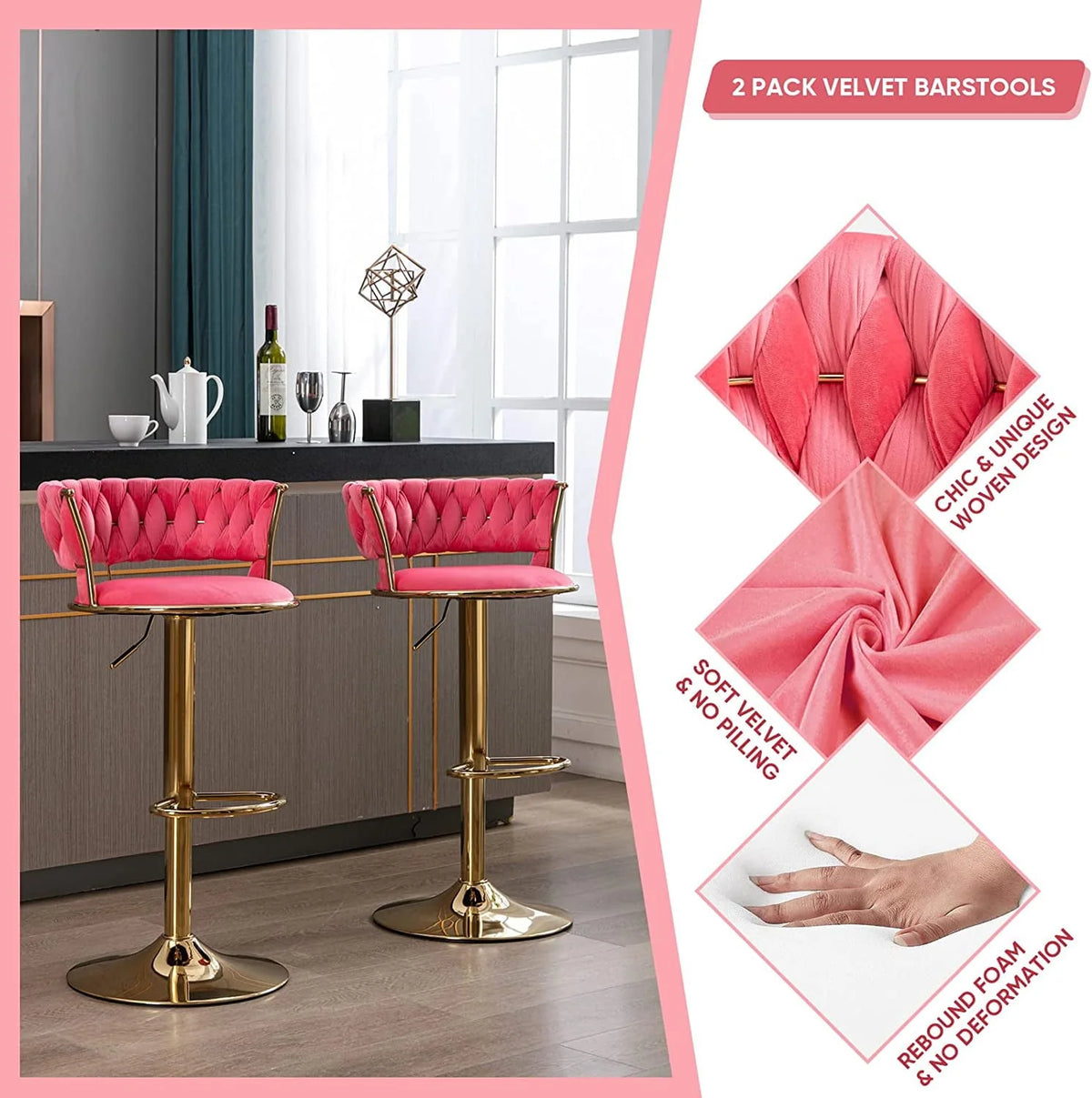 KINFFICT Upholstered Adjustable Swivel Barstool Set of 2, Velvet Bar Height Bar Stools Counter Height Bar Stools, Pink