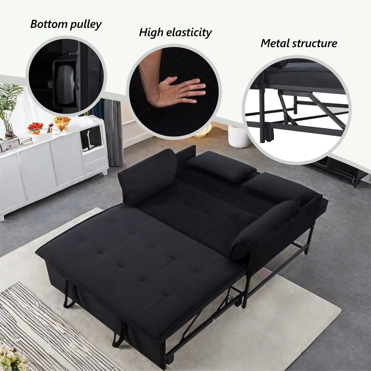 Gewnee 46" Velvet Sleeper Sofa Reclining Convertible Futon Couch Bed for Living Room, Guest & Small Spaces(Black)
