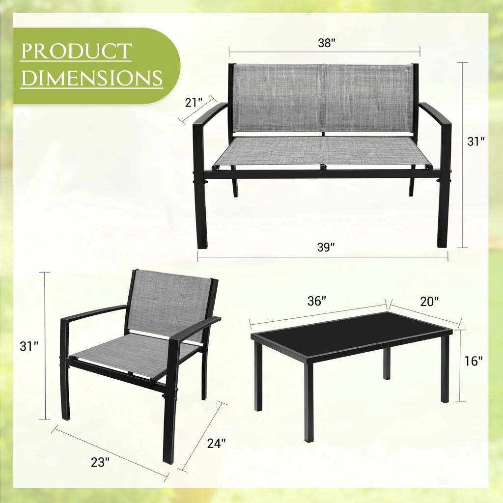 LACOO 4 Pieces Outdoor Furniture Set Patio Textilene Steel Conversation Set with Loveseat Tea Table for Lawn and Balcony, Black