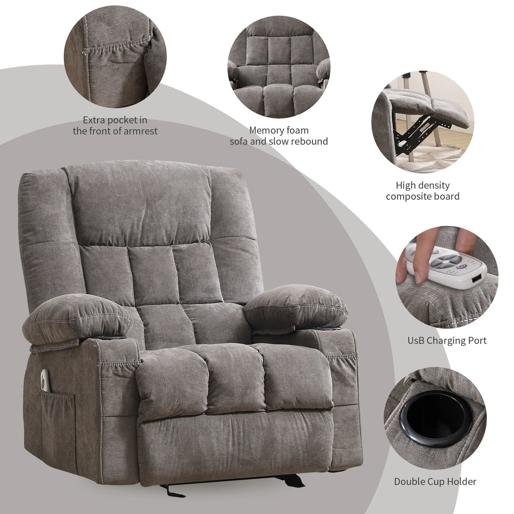 JONPONY Manual Recliner Chair with Heat Therapy and Massage Function, Heavy Duty Reclining Mechanism Massage Chair, Elderly Single Rocker Sofa with Cup Holders for Bedroom Home Theater,Blue