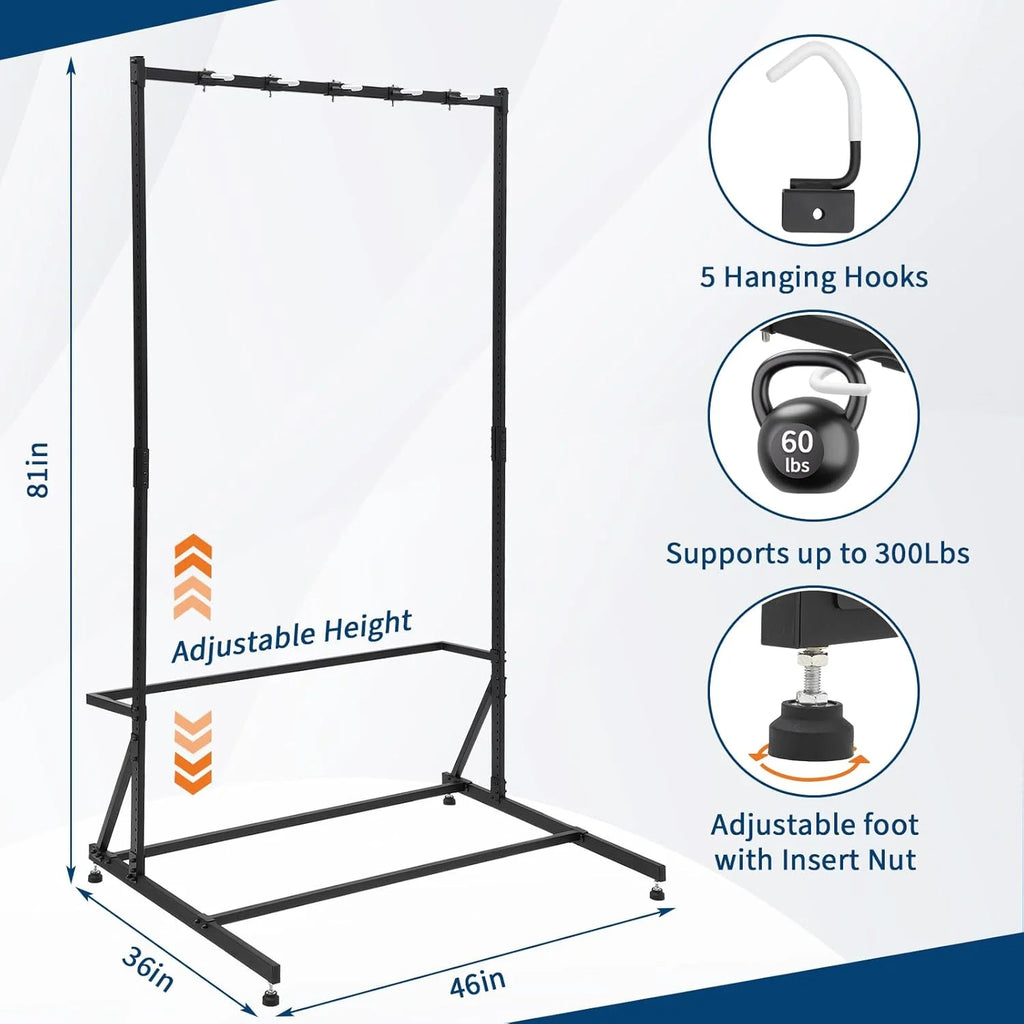 Floor Bike Rack Garage Free Standing with 5 Hooks,Vertical Bike Stand Bicycle Storage,Bike Hangers for Garage Indoor Use for 5 Bicycles, Metal Floor Mount,Up to 300lbs,46in W,Adjustable Height