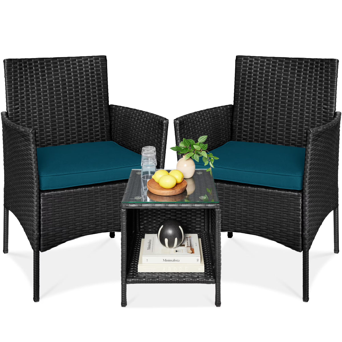 Best Choice Products 3-Piece Outdoor Wicker Conversation Patio Bistro Set, w/ 2 Chairs, Table - Gray/Navy